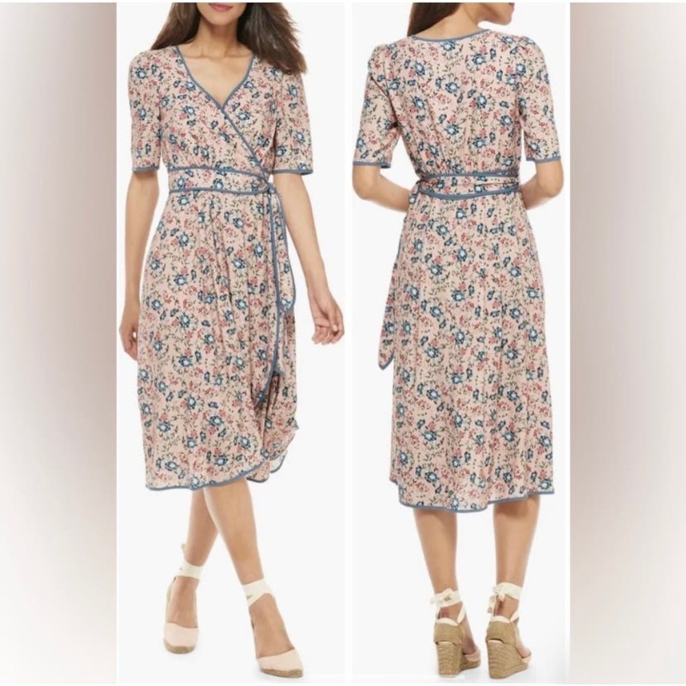 Gal Meets Glam Pink Floral Wrap Midi Dress with Blue Trim